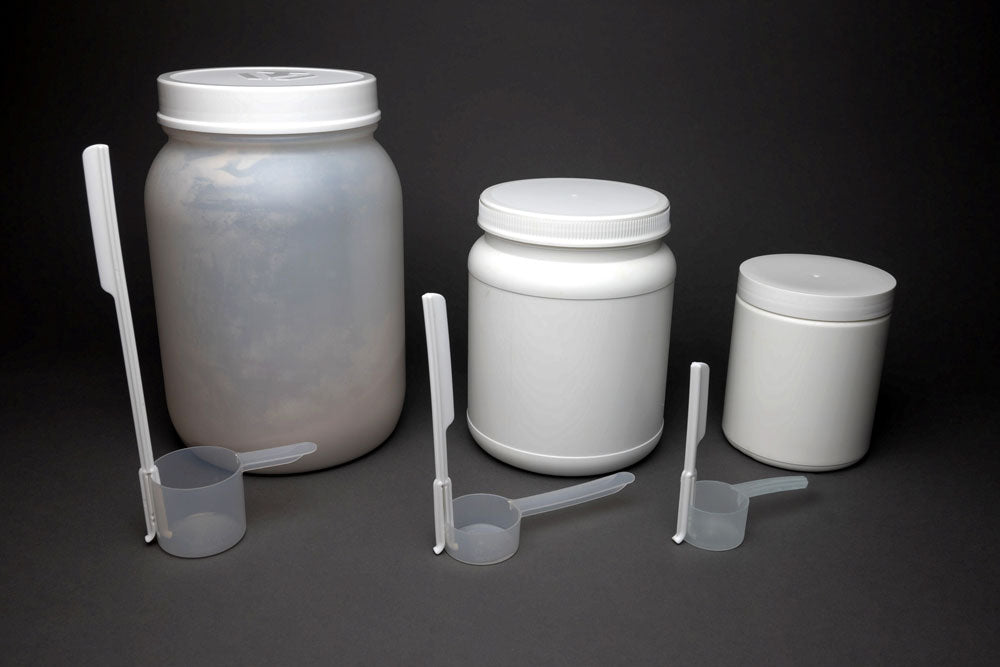 trio of scoopjacks and protein tubs in different sizes
